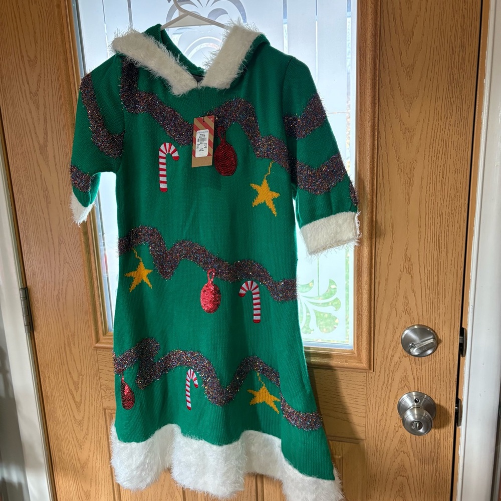 Women’s Festive Green Christmas Dress with Christmas Tree Design!